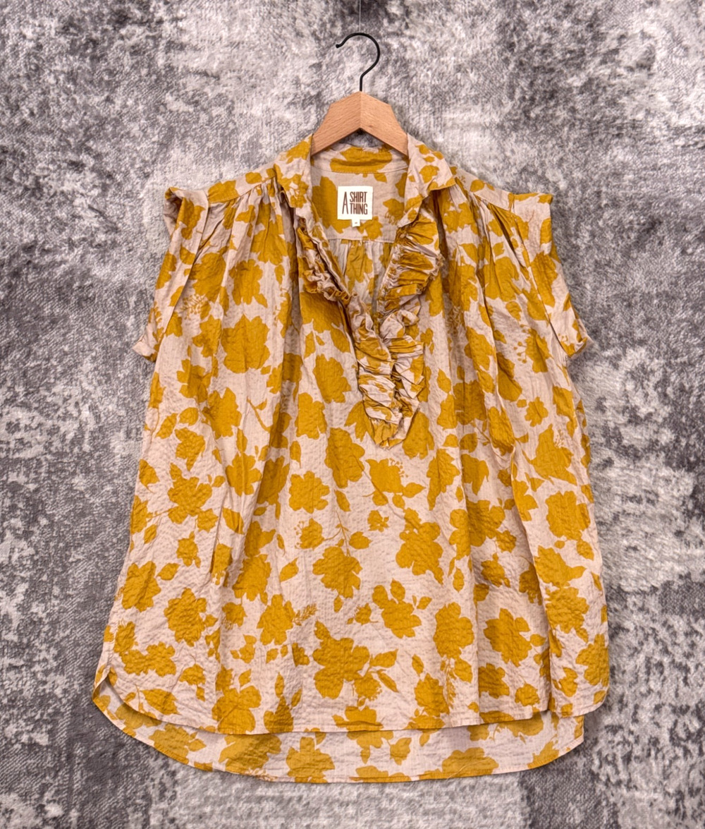 A Shirt Thing Top Medium Womens Cotton Yellow Floral Ruffle Sleeveless